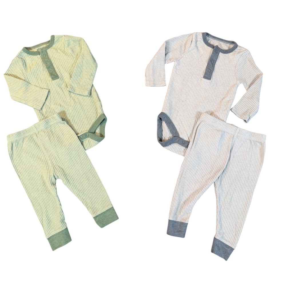 Cloud Island Baby Outfit Sets 3-6M Waffle Knit Bodysuit Pants 4pc Green Gray